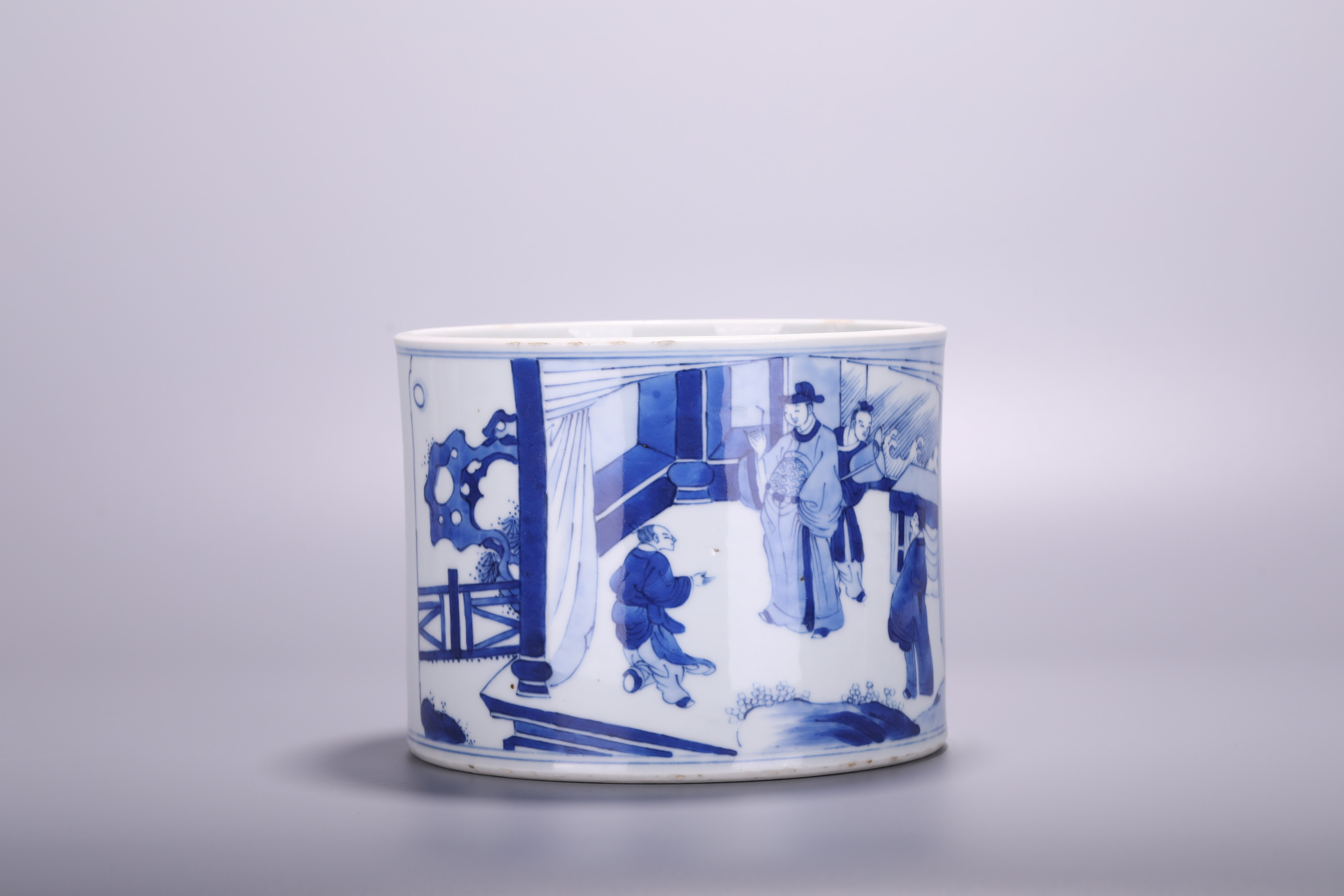 A Chinese blue and white Scholars' brush pot, H 14,5 - Dia 18 cm - Image 2 of 4