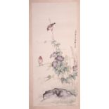 A Chinese 'Birds and flowers' scroll painting, L 86,5 - W 38 cm