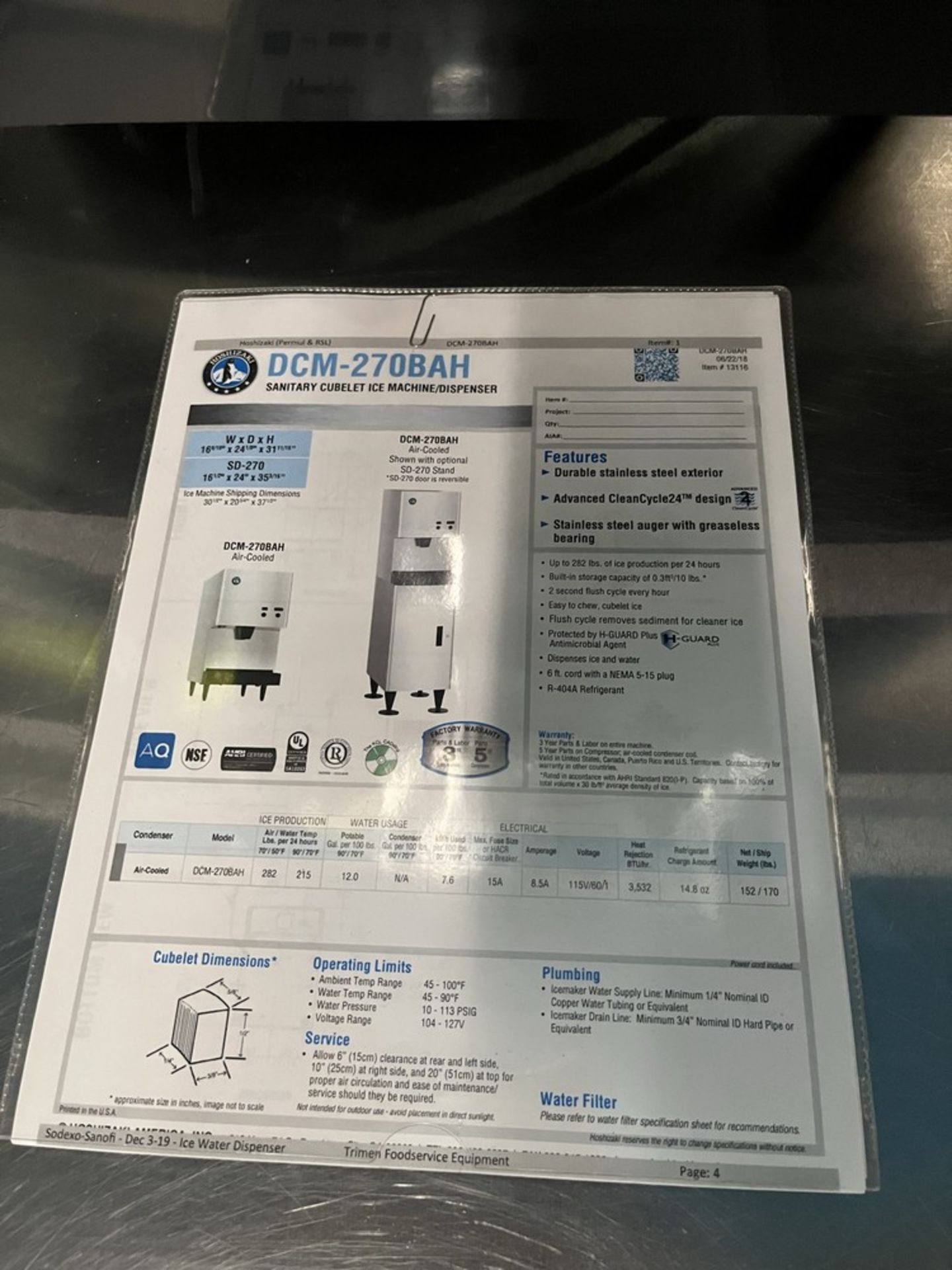 Machine à Glace HOSHIZAKI, mod: DCM-2270BAH, 17'' x 24'', avec Disributeur à Eau Froide - Image 3 of 3