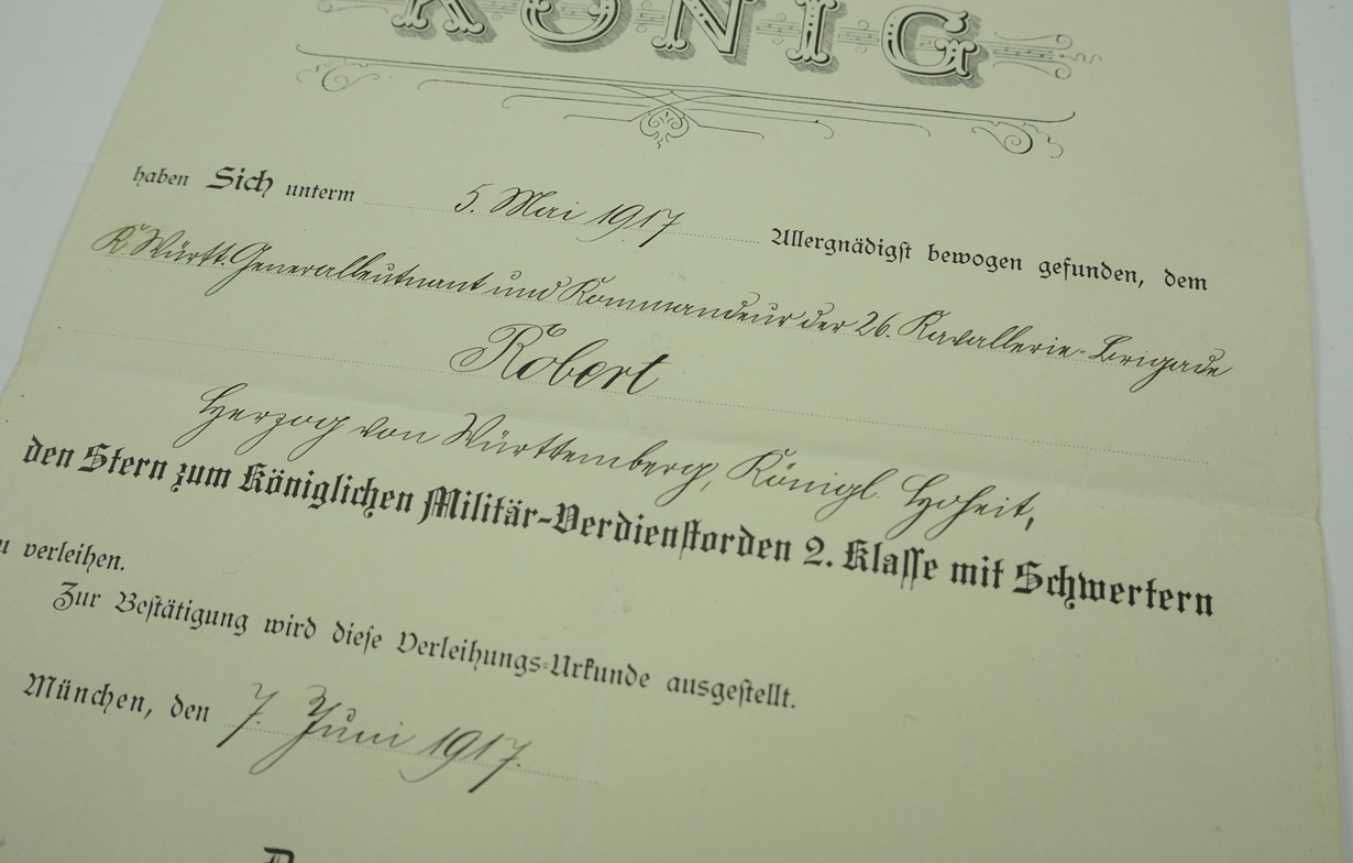 Bayern: Militär-Verdienstorden, 2. Klasse mit Schwertern Stern Urkunde für den Kgl. Württ. Generall - Image 2 of 2