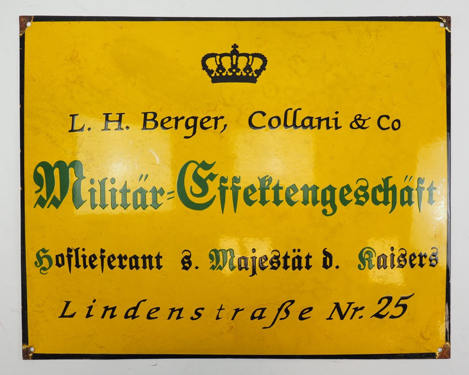 Emaileschild L. H. Berger, Collani & Co - Militär-Effektengeschäft - Hoflieferant s. Majestät d. Ka