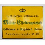 Emaileschild L. H. Berger, Collani & Co - Militär-Effektengeschäft - Hoflieferant s. Majestät d. Ka