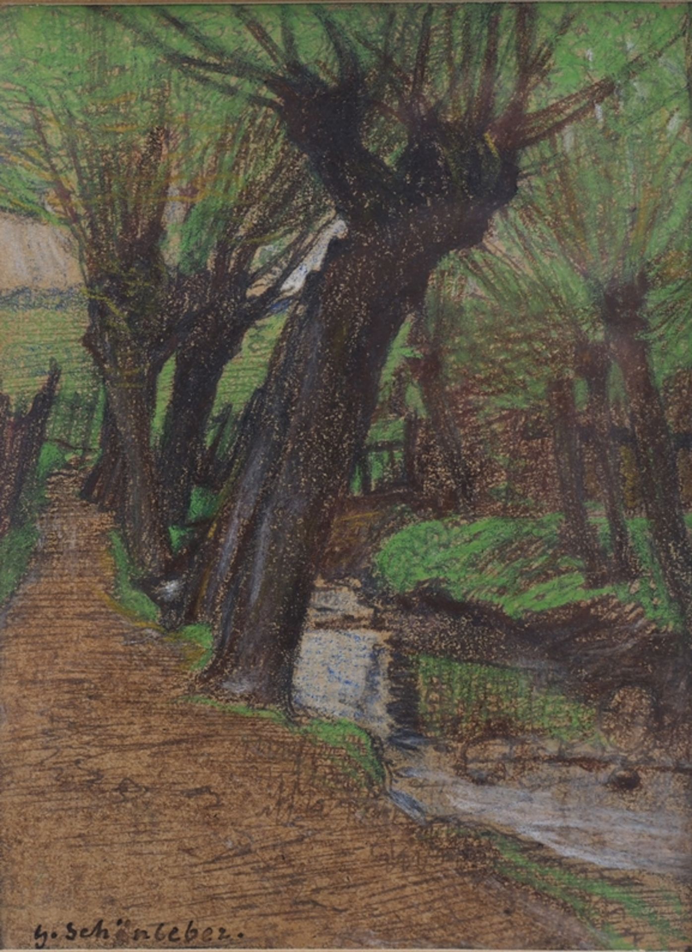 Schönleber, Gustav (1851-1917): Waldweg mit Bachlauf.