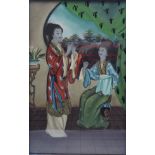 Hinterglasmalerei, zwei Japanerinnen in Unterhaltung, um 1900.