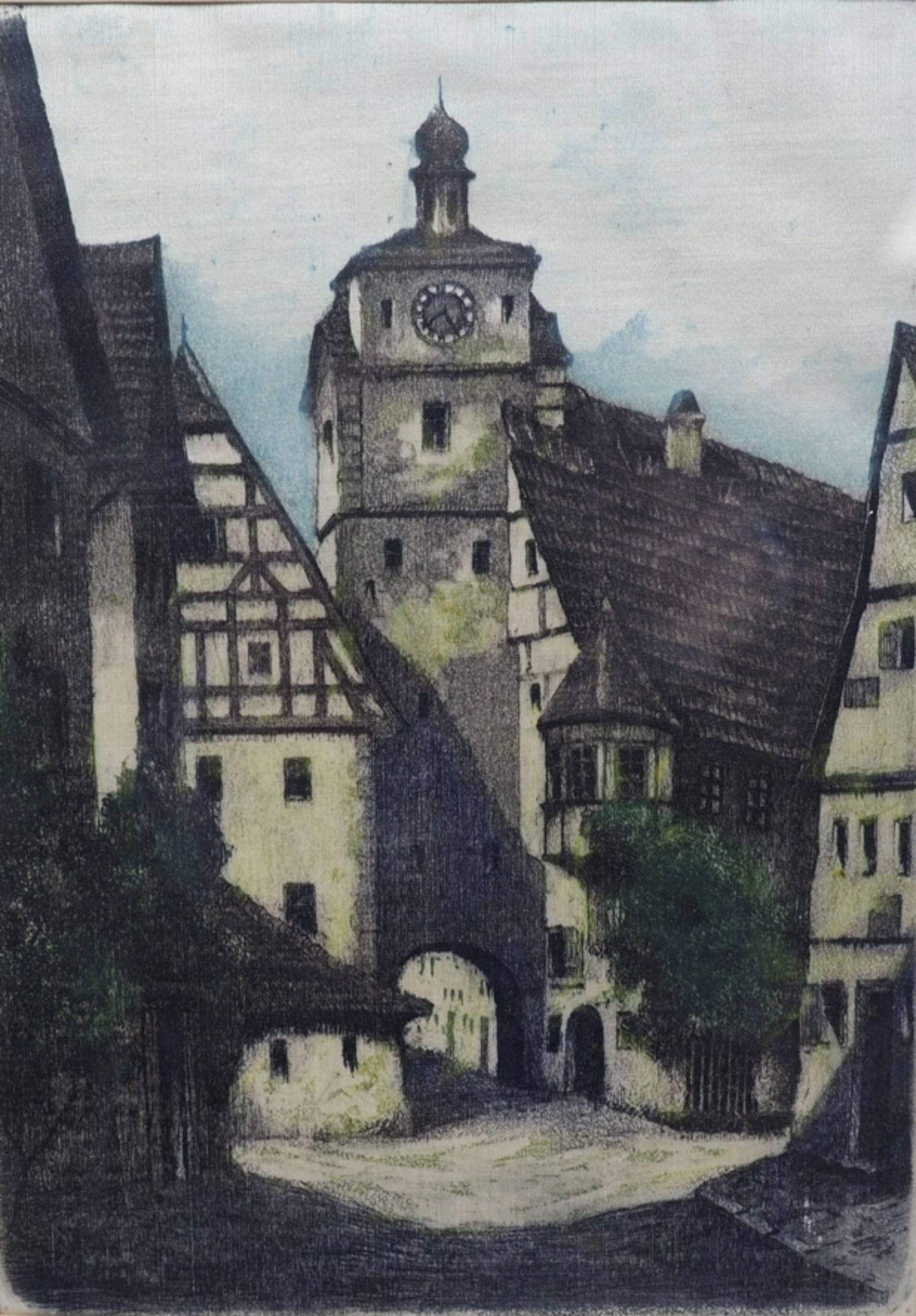 Weißer Turm in Rothenburg o. T., Radierung auf Seide.