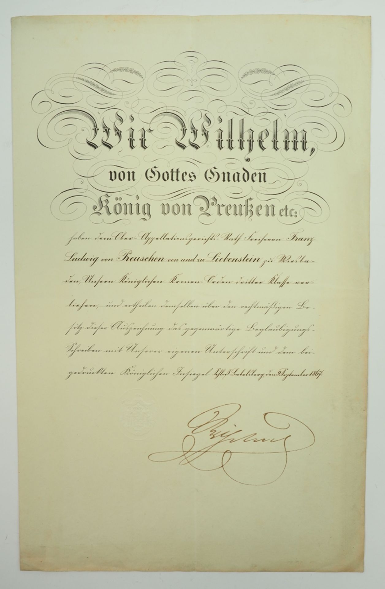 Preussen: Kronen Orden, 3. Klasse Urkunde für einen Ober-Appelationsgerichts-Rath zu Wiesbaden.