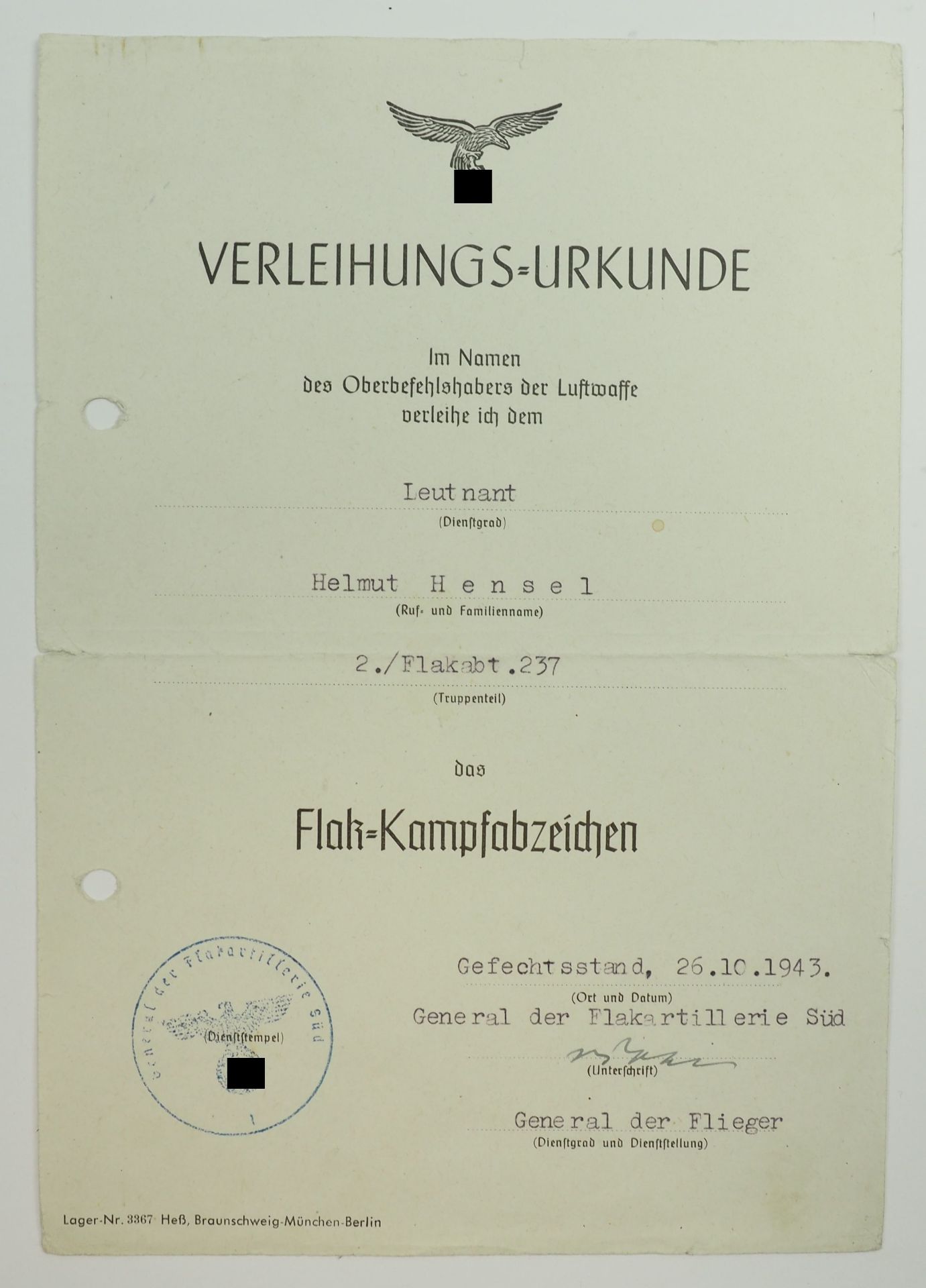 Flakkampfabzeichen der Luftwaffe Urkunde für einen Leutnant der 2./ Flakabt. 237.