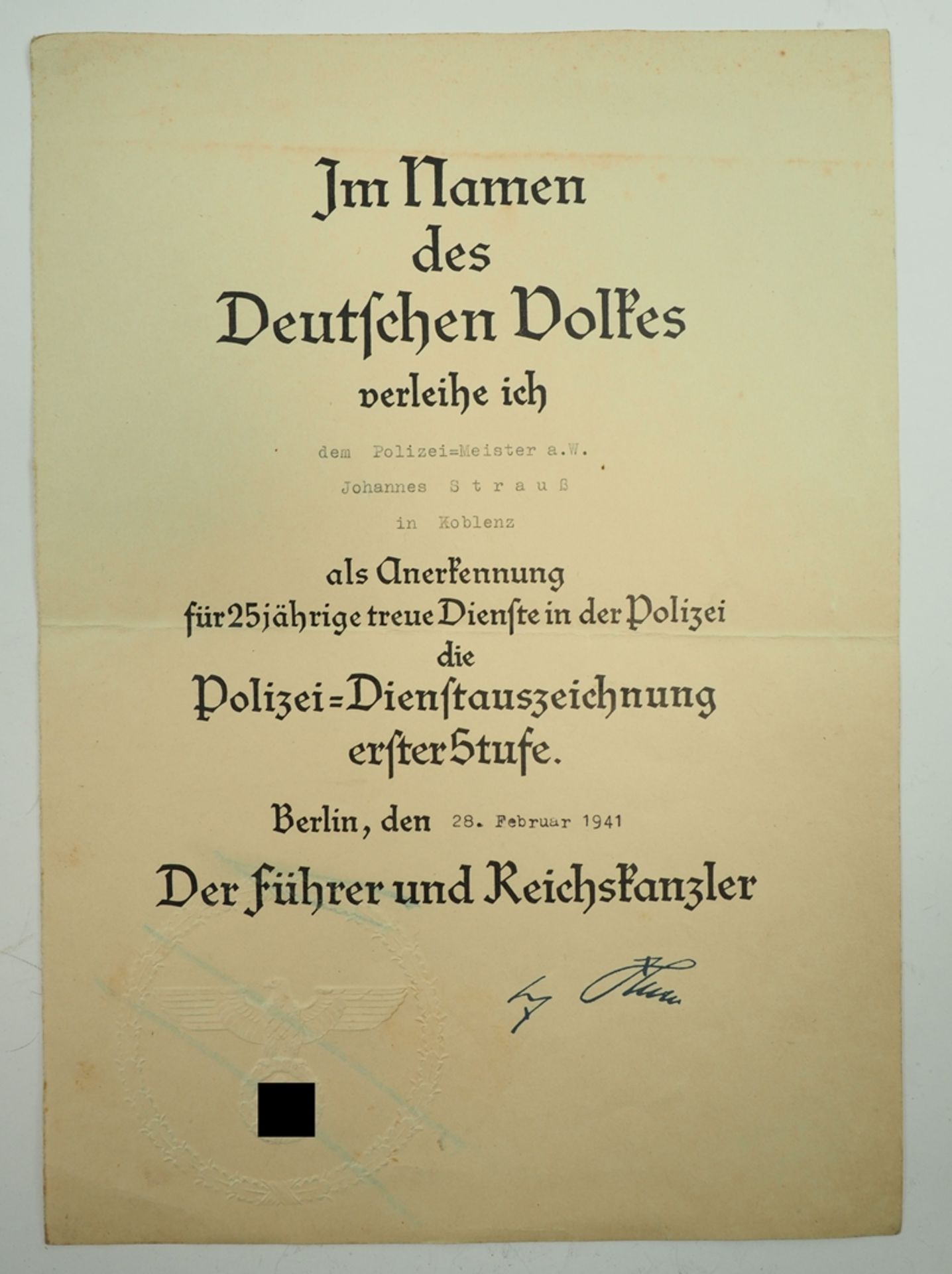 Polizei-Dienstauszeichnung, 1. Stufe Urkunde für einen Polizei-Meister a.W aus Koblenz.