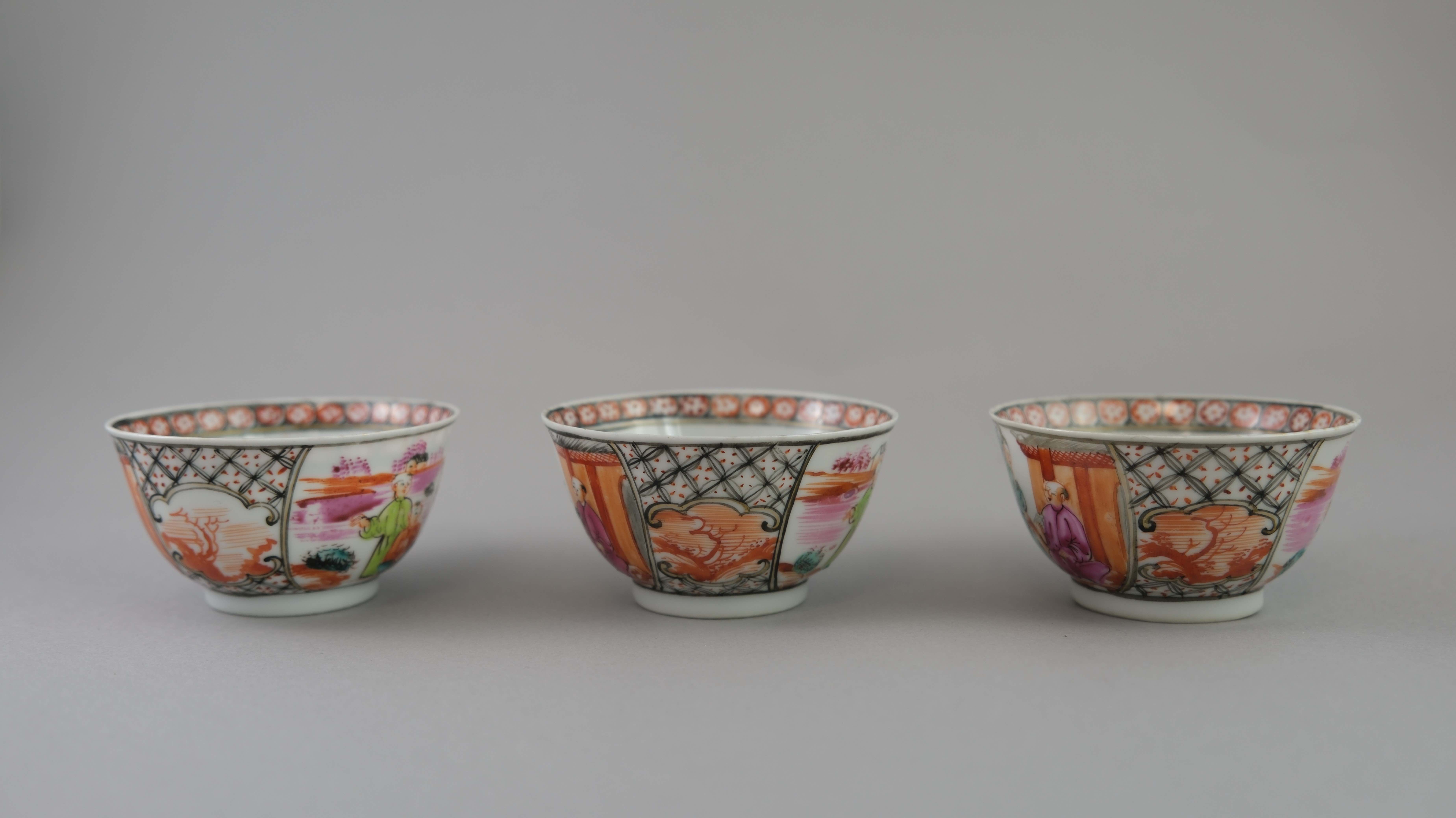 A Set of Six 'Mandarin Palette' Cups and Saucers, Qianlong, with a central family lakeside terrace - Image 8 of 20