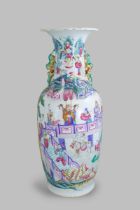 A Large Canton 'famille rose' Vase, 19th century, brightly enamelled with a continuous scene of Gods