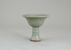 A Longquan Celadon glazed stem cup, Yuan/Ming dynasty , with deep rounded sides rising to a flared