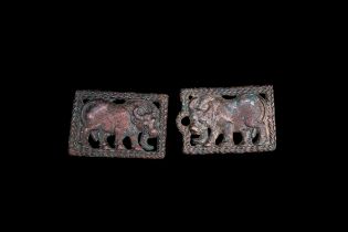 A Good Pair of Ordos Bronze Water Buffalo Belt Plaques, 4th/3rd century BC, each rectangular
