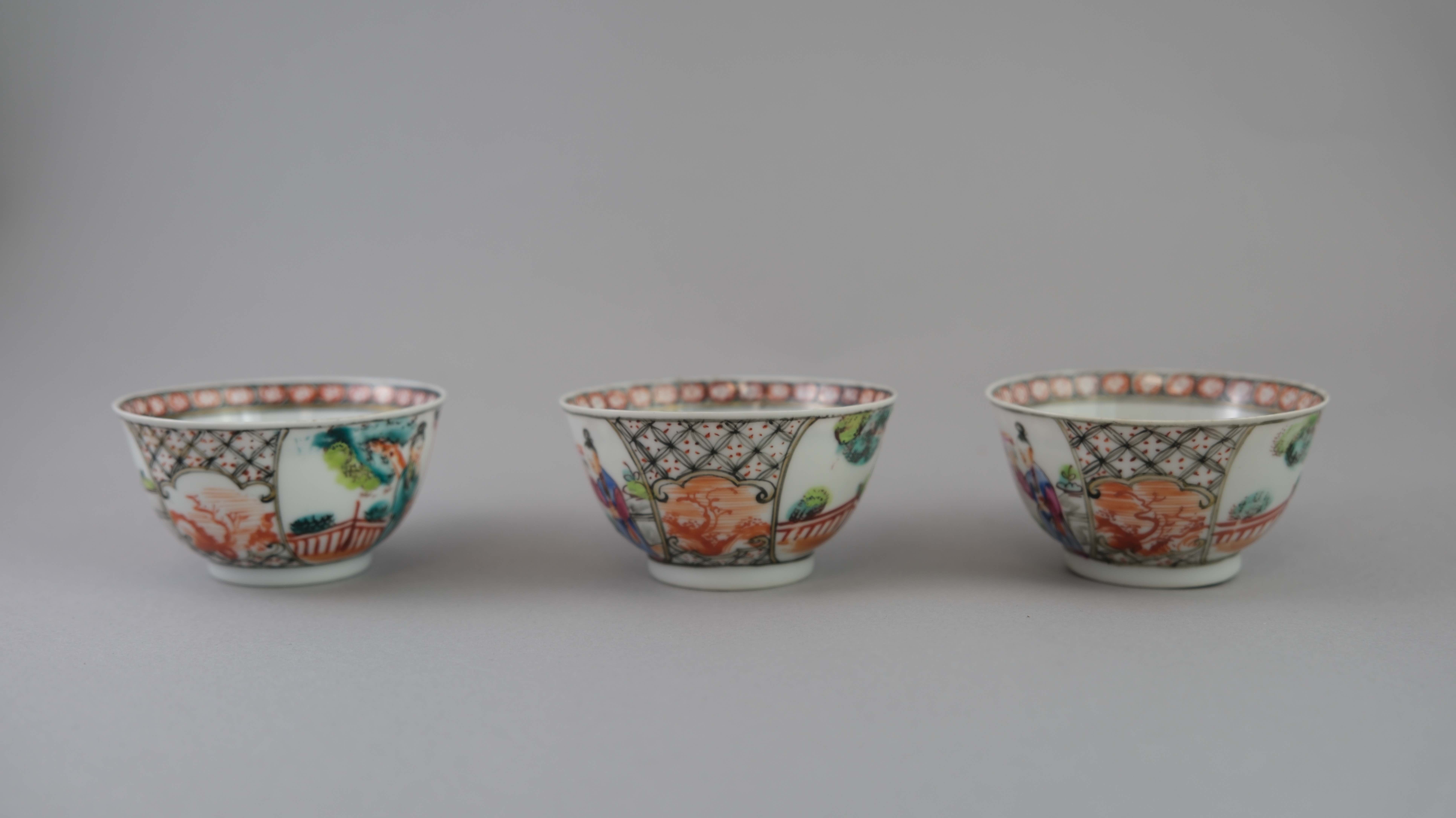 A Set of Six 'Mandarin Palette' Cups and Saucers, Qianlong, with a central family lakeside terrace - Image 9 of 20