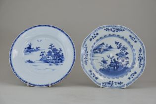 Two Blue and White Landscape Plates, 18th century,, one octagonal with spearhead border at the well,
