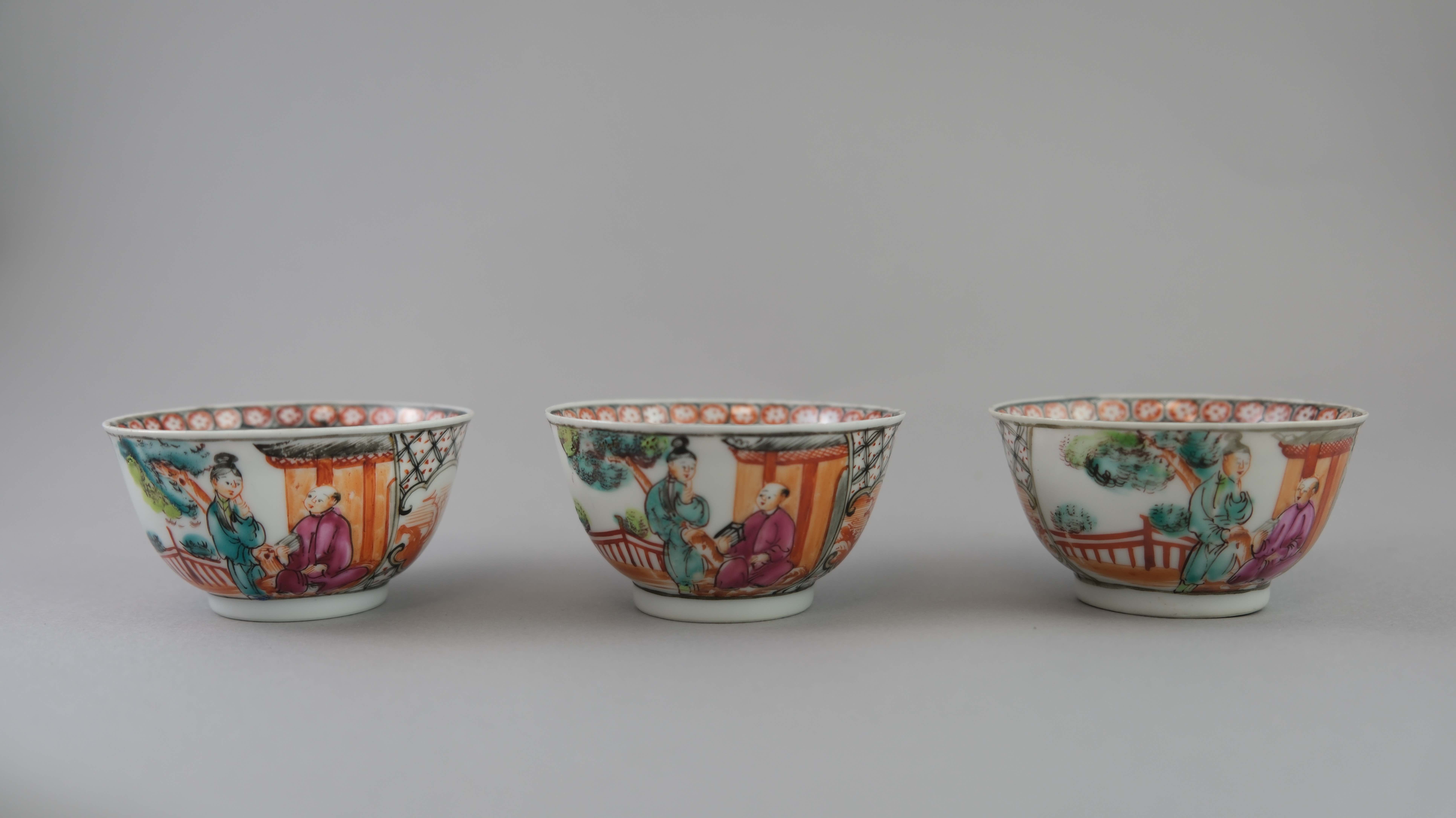 A Set of Six 'Mandarin Palette' Cups and Saucers, Qianlong, with a central family lakeside terrace - Image 7 of 20