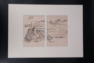 Two Japanese Woodblock Prints, Oni Kidomaru Awaiting Raiko and his Party, Hokusai Katsushika(1760-18