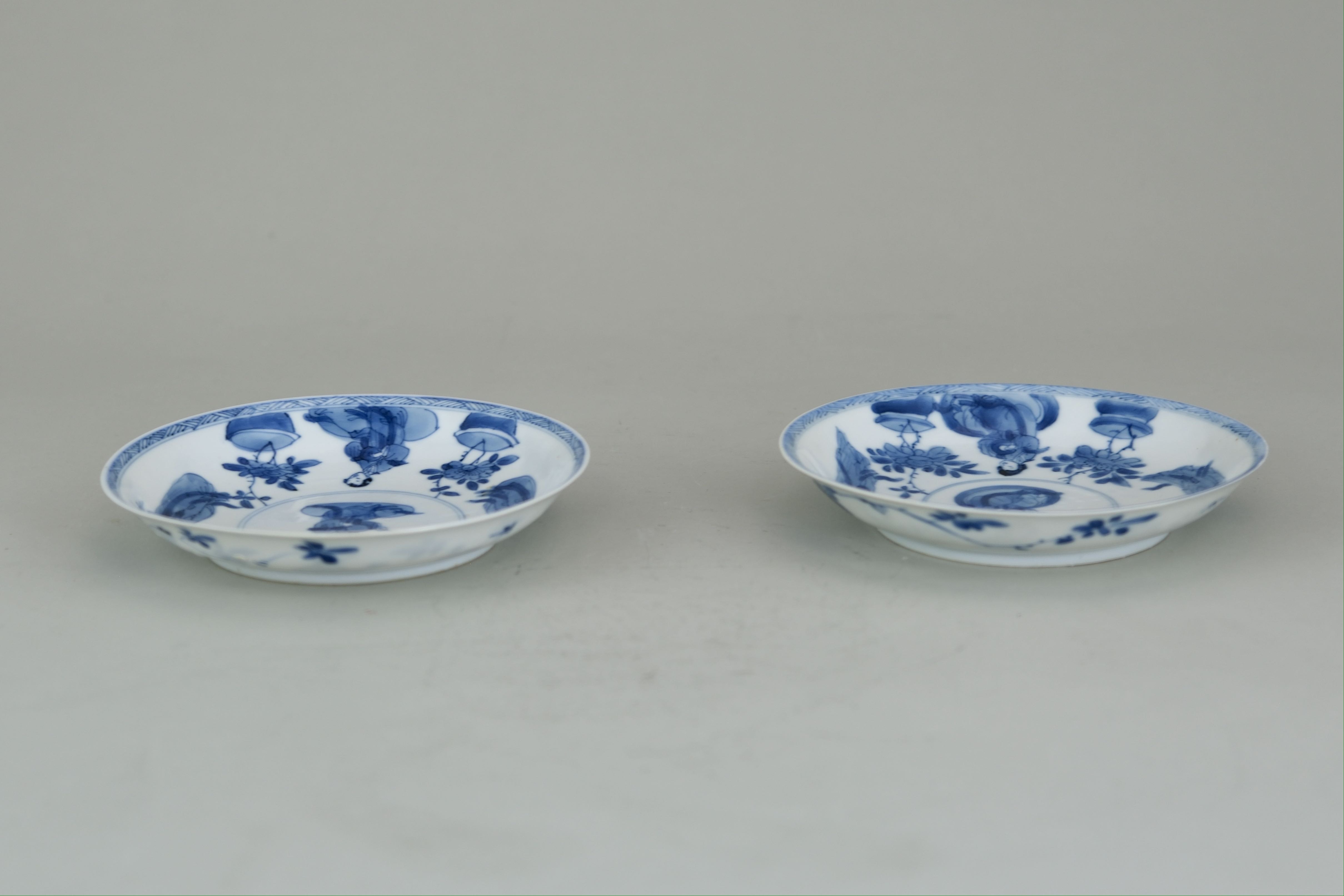 A Pair Blue and White 'Lange Lijsen' Saucers, Kangxi, , each well painted in soft greyish cobalt - Image 3 of 3