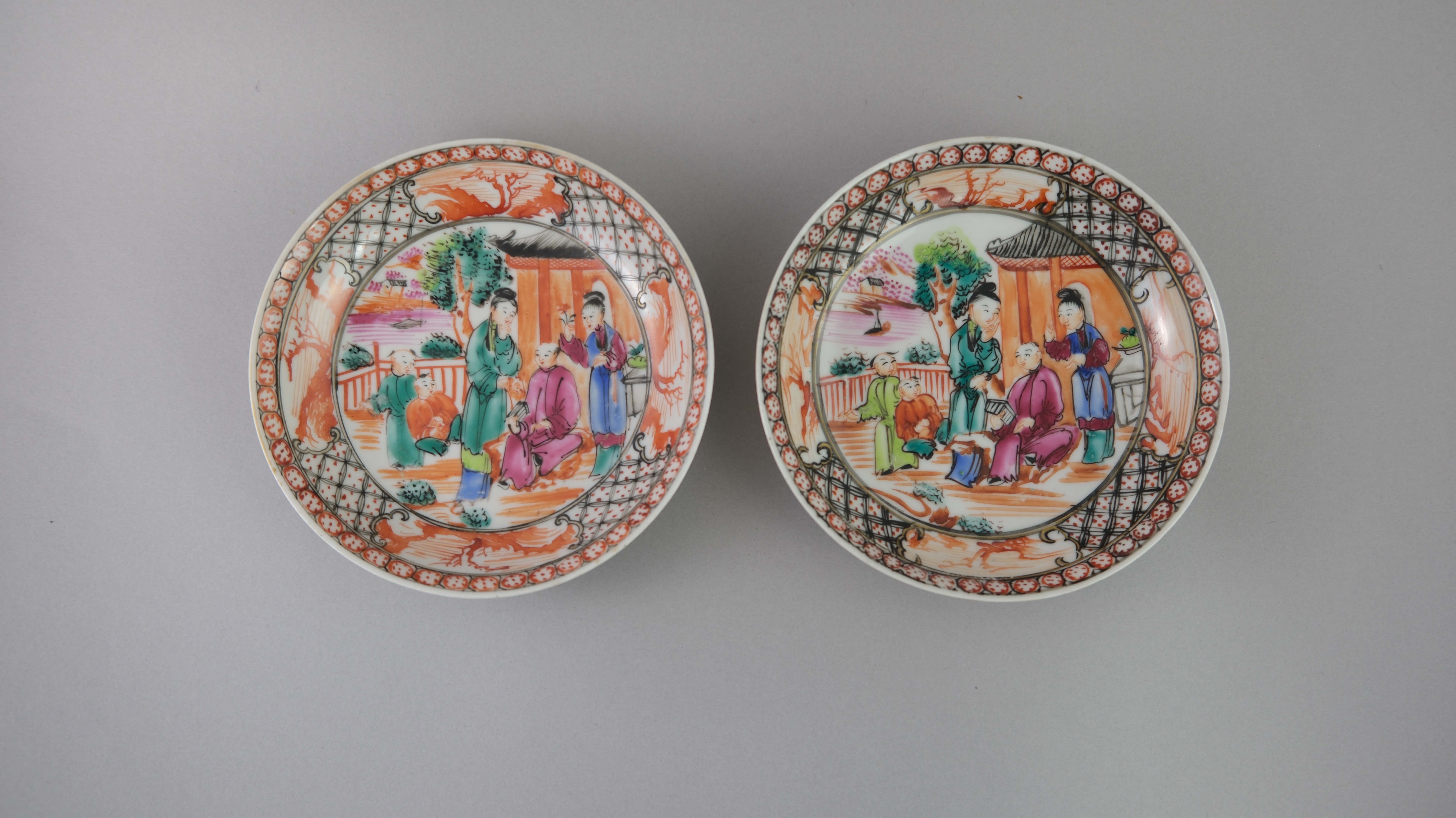 A Set of Six 'Mandarin Palette' Cups and Saucers, Qianlong, with a central family lakeside terrace - Image 11 of 20