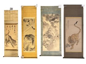 A Group of Japanese Painting Scrolls Depicting Tigers, Four pieces.