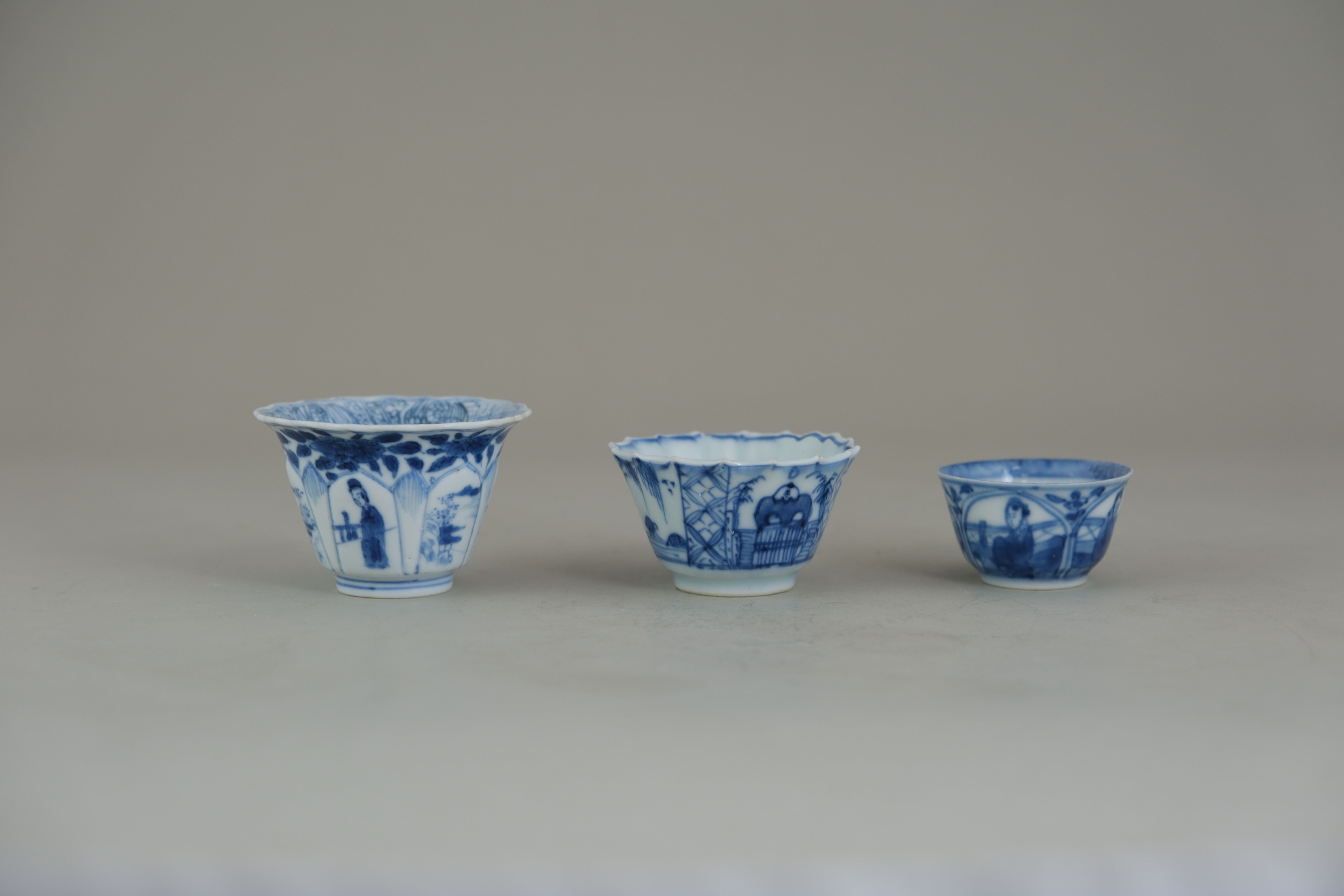 Three Blue and White Cups and Saucers, Kangxi, including one small cup and saucer with petal - Image 3 of 6