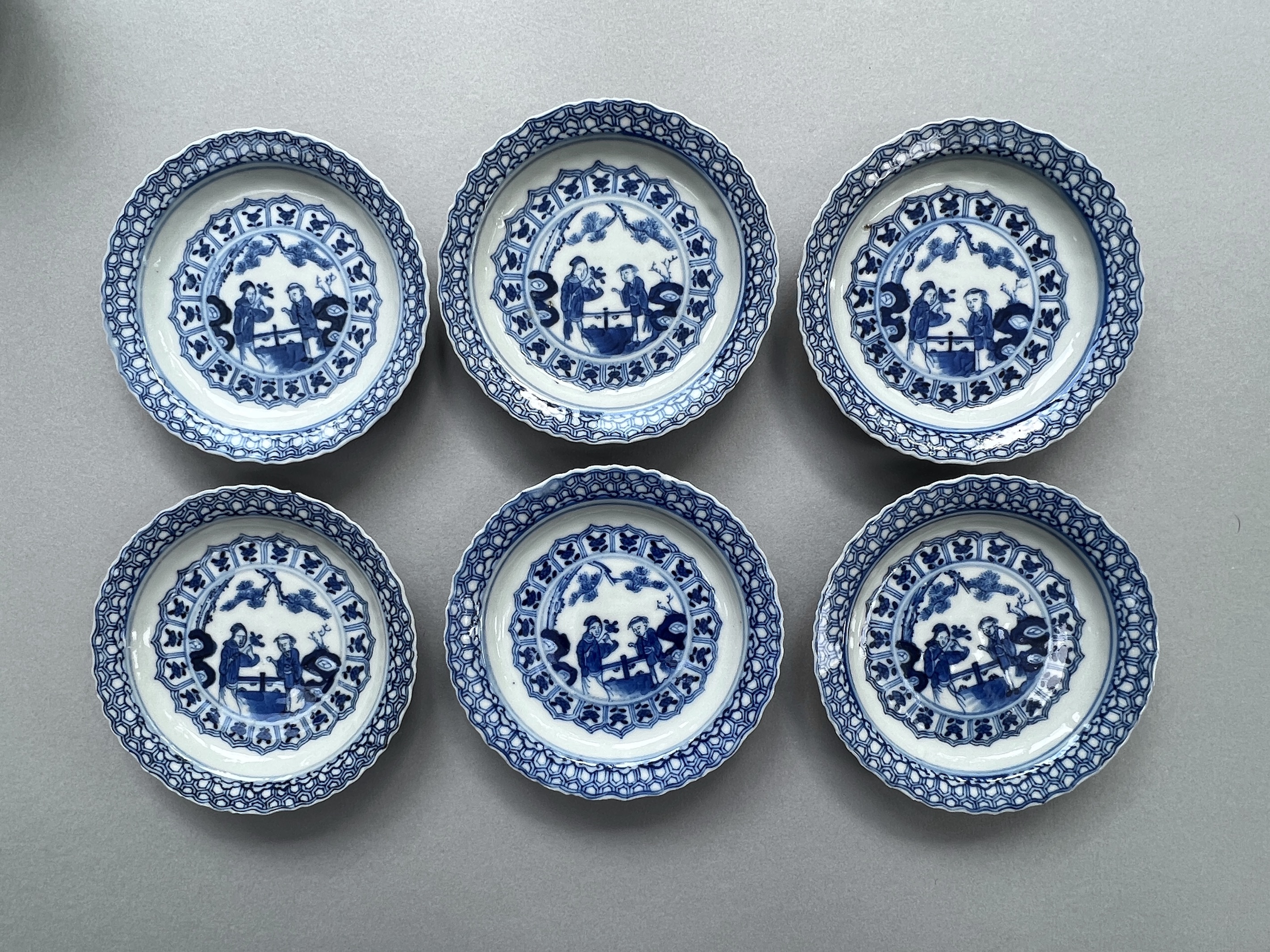 Five blue and white cups and saucers, 18th/19th century, and another saucers, Five blue and white - Image 4 of 13