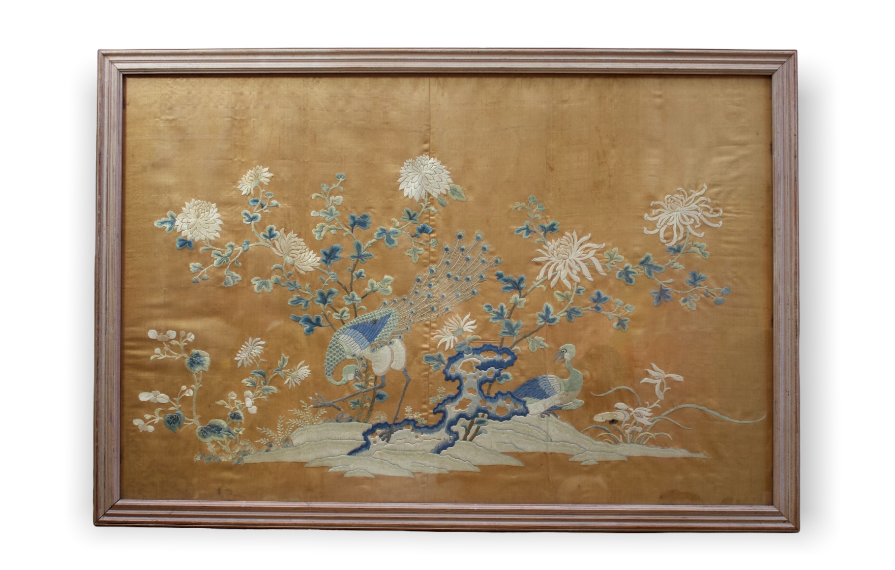 An Embroidered silk Panel, mid Qing dynasty, embroidered on the amber silk field in muted tones with - Image 2 of 2