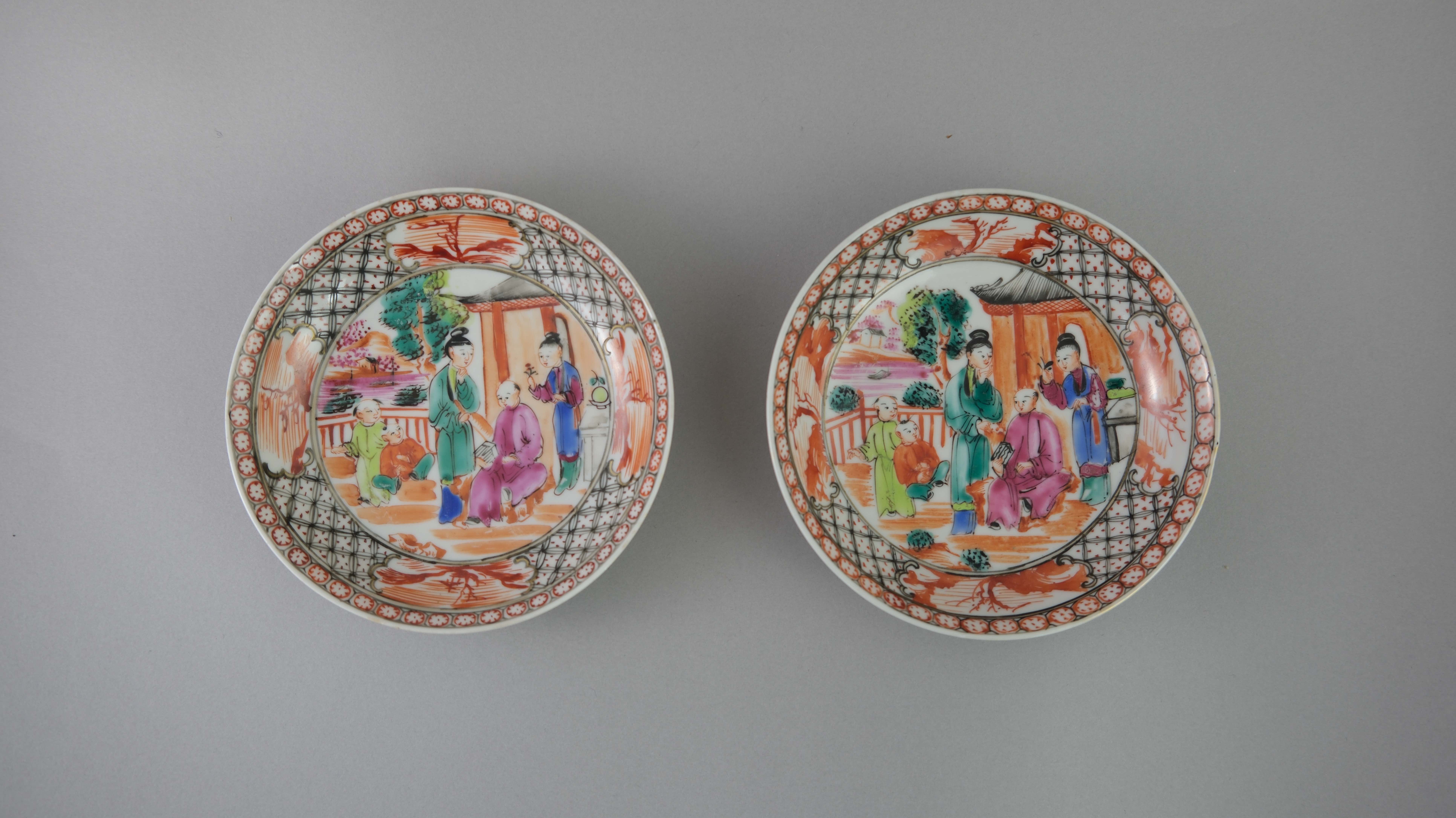 A Set of Six 'Mandarin Palette' Cups and Saucers, Qianlong, with a central family lakeside terrace - Image 17 of 20