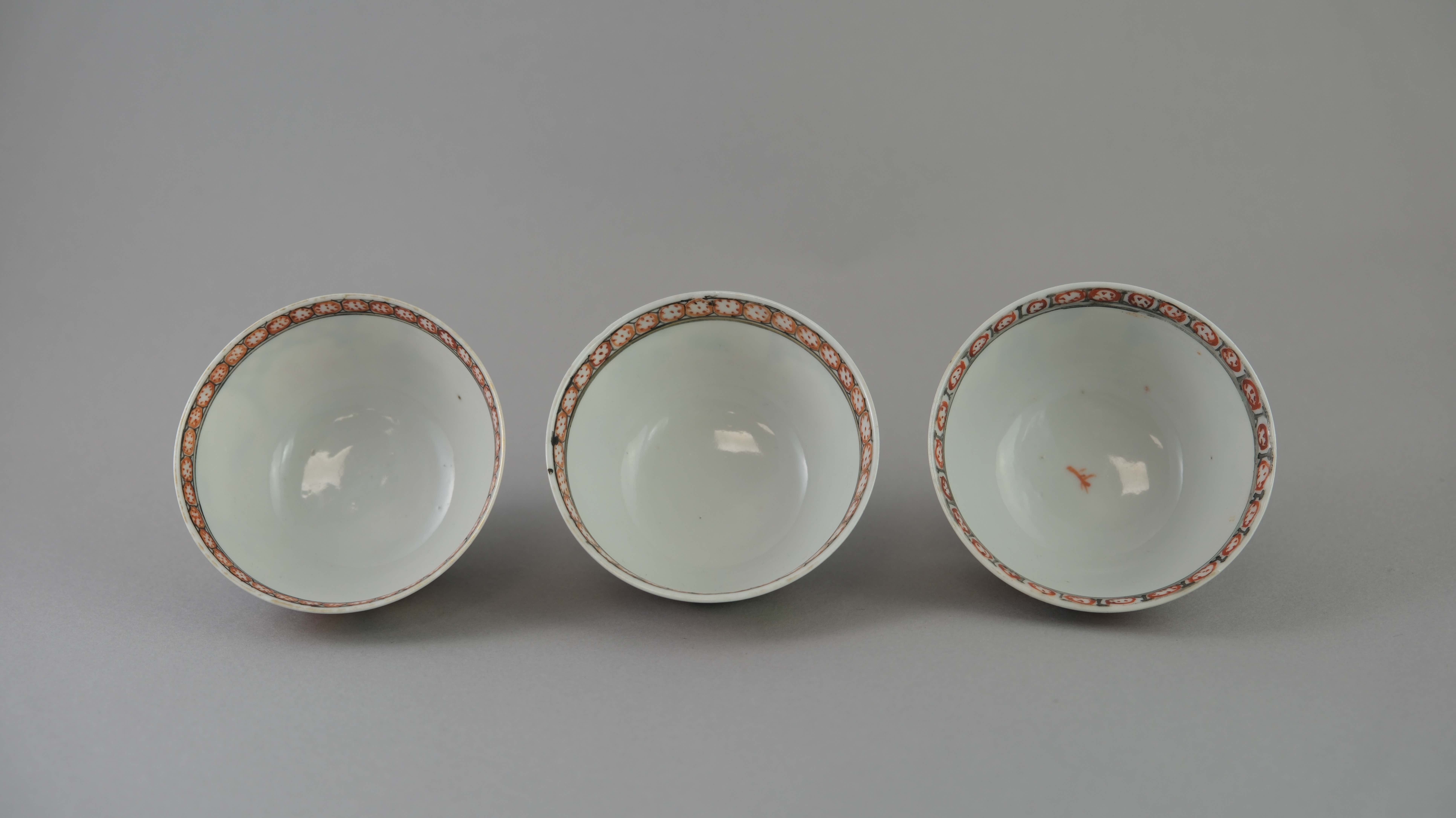 A Set of Six 'Mandarin Palette' Cups and Saucers, Qianlong, with a central family lakeside terrace - Image 5 of 20