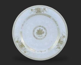 A Large'bianco sopra bianco' Dish, Qianlong period, of rounded shape, a peony painted in gold in the