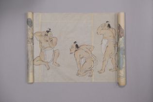 Japanese Painting on Washi Paper Scroll Depicting Sumo Wrestling Aactivities.