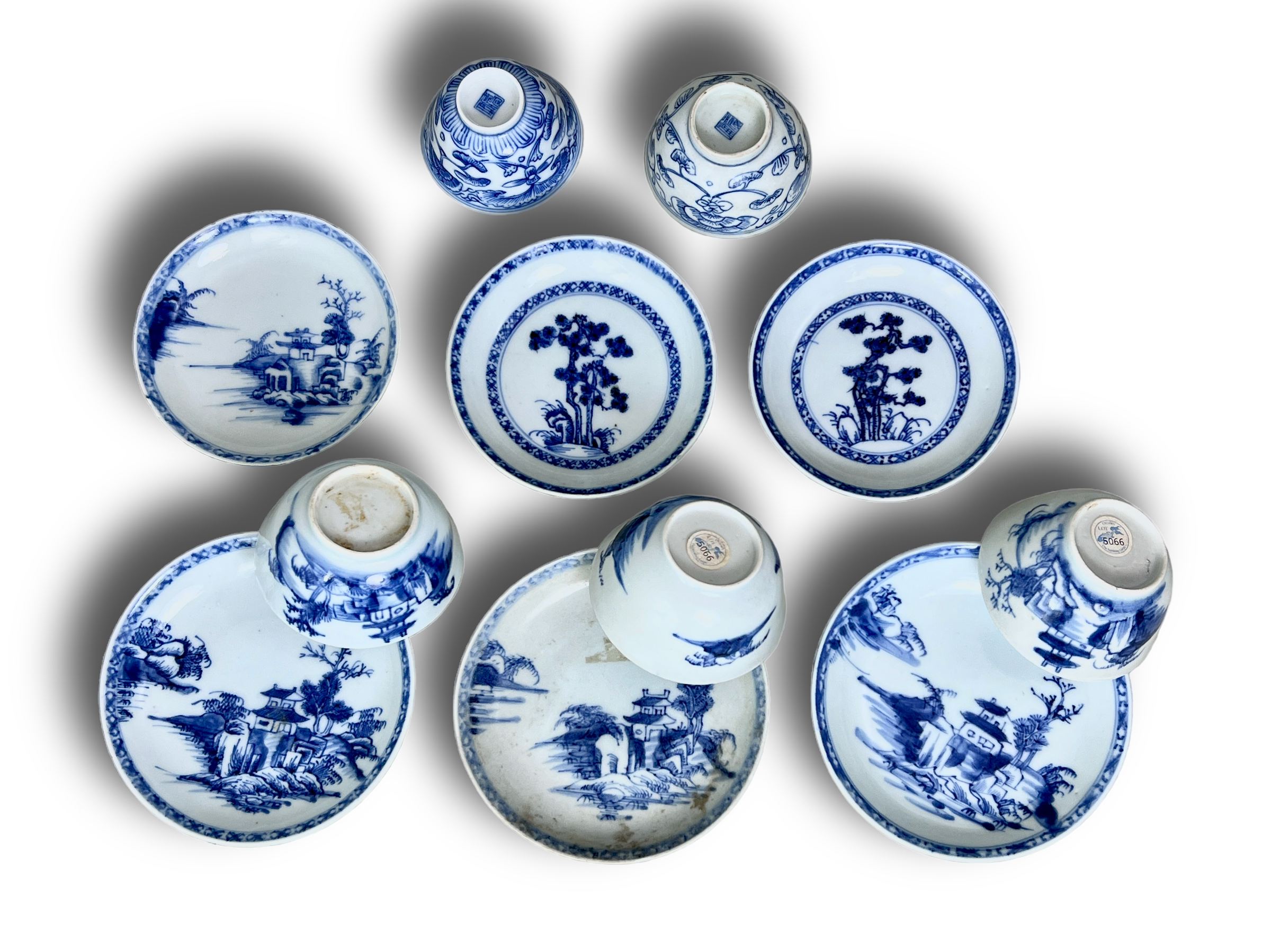 A Group of 'Nankin Cargo' Teawares, Qianlong, all blue and white, comprising three 'landscape'