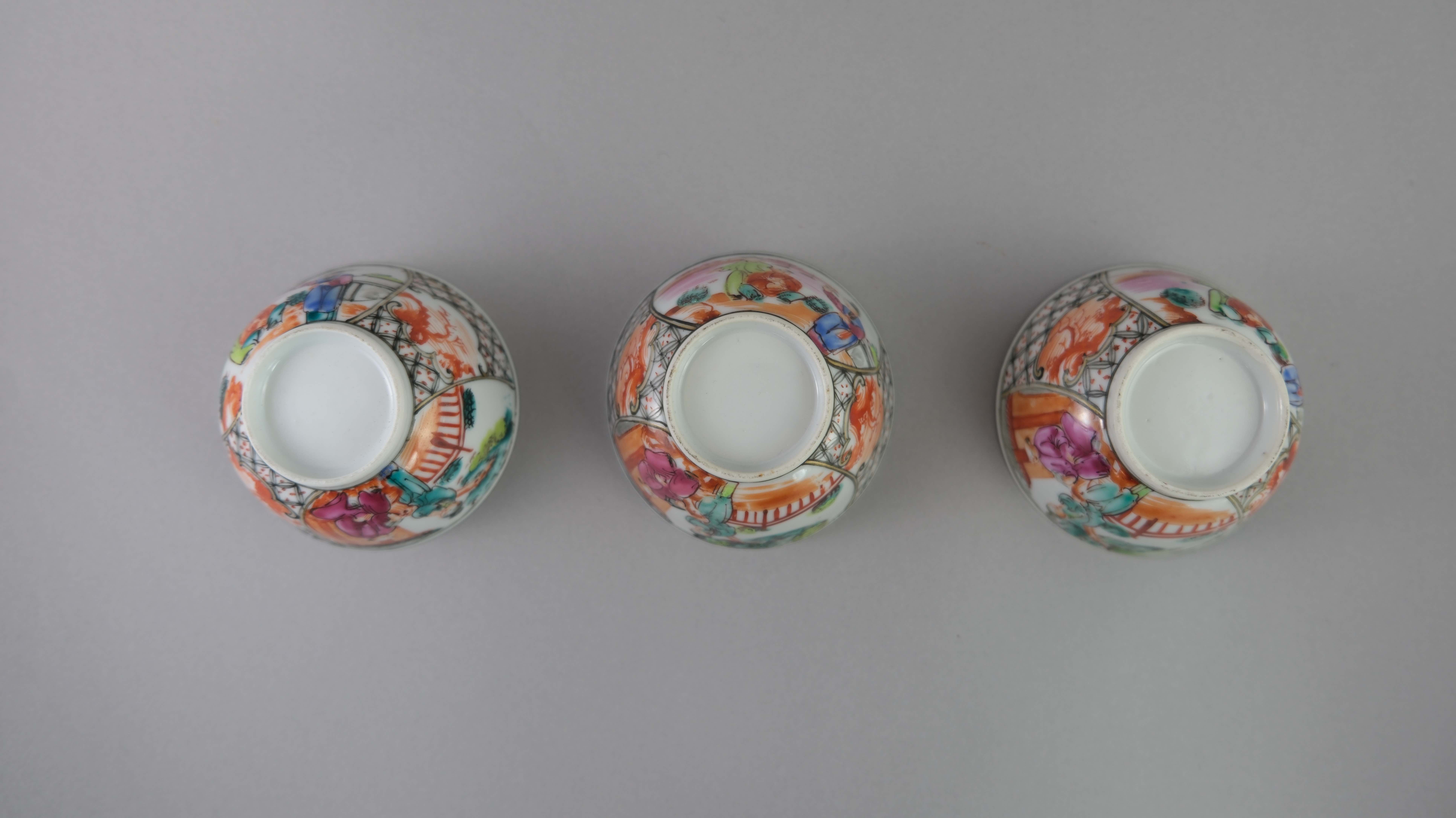 A Set of Six 'Mandarin Palette' Cups and Saucers, Qianlong, with a central family lakeside terrace - Image 10 of 20