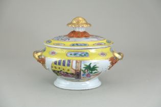 An Oval Tureen and Cover, mid Qing, finely enamelled with oval reserves of scholars and maidens in