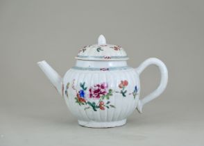 A 'famille rose' Teapot and Cover, Qianlong, of fluted globular form, enamelled with sprays of