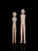 Two Unusual Painted Pottery Stick Men Figures, Han dynasty, of a woman and a man, the naked