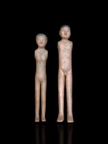 Two Unusual Painted Pottery Stick Men Figures, Han dynasty, of a woman and a man, the naked