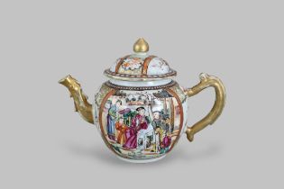 A 'Mandarin Palette'Teapot and Cover, Qianlong, the globular sides enamelled on each side with a