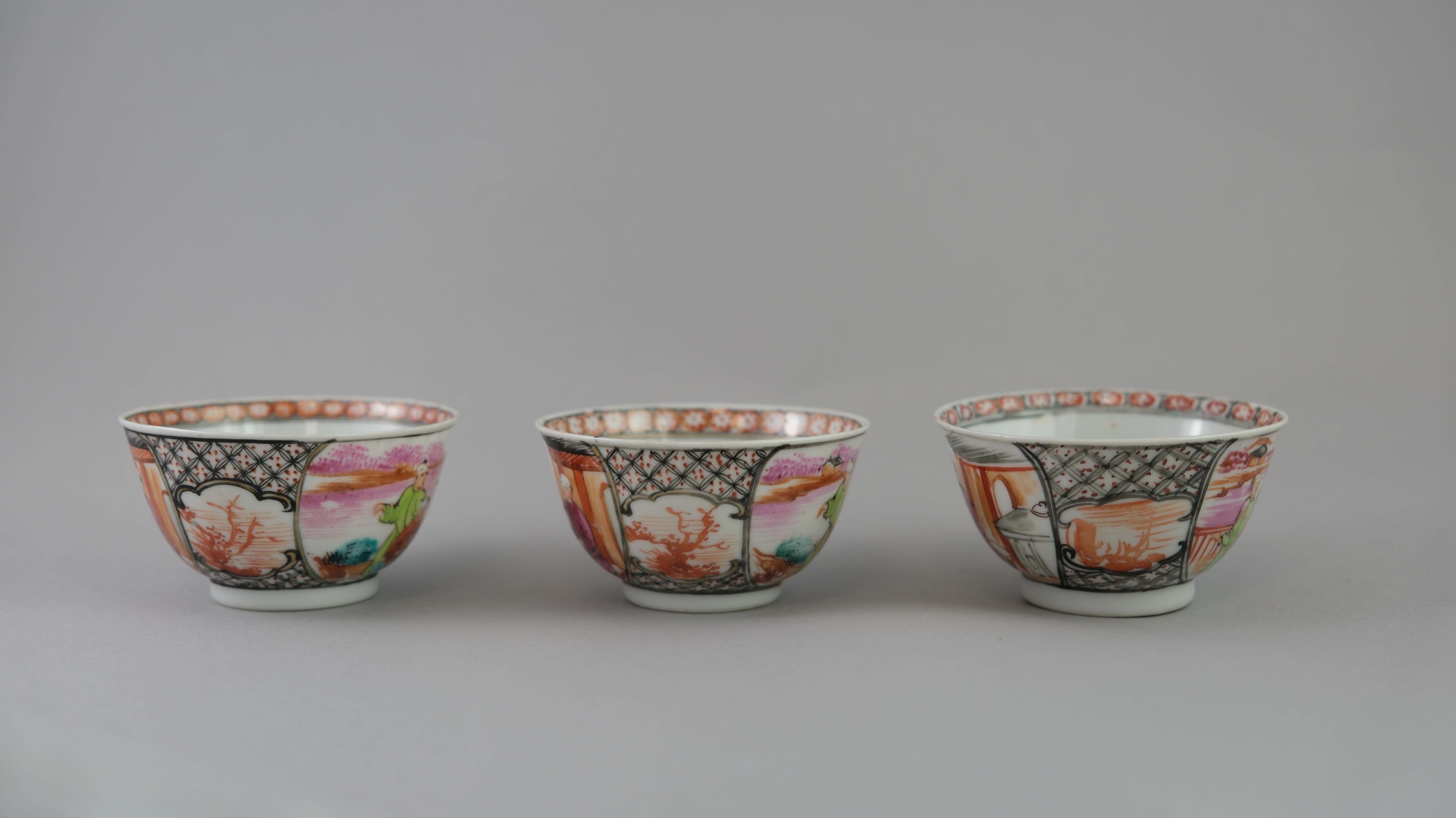 A Set of Six 'Mandarin Palette' Cups and Saucers, Qianlong, with a central family lakeside terrace - Image 3 of 20