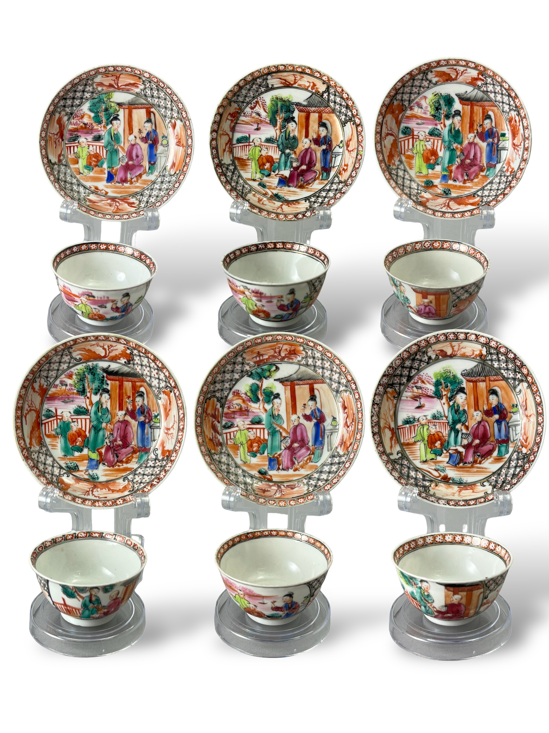 A Set of Six 'Mandarin Palette' Cups and Saucers, Qianlong, with a central family lakeside terrace - Image 20 of 20