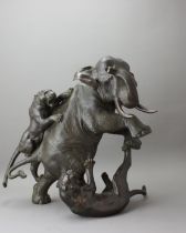 A Japanese Bronze Elephant and Tigers Group, Meiji period,