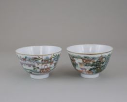 A Pair of 'famille rose' Landscape Cups, iron red six character seal marks of Daoguang, 19th