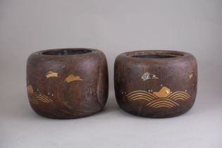 A Pair of Japanese Lacquered Wood Hibachi (Brazier)