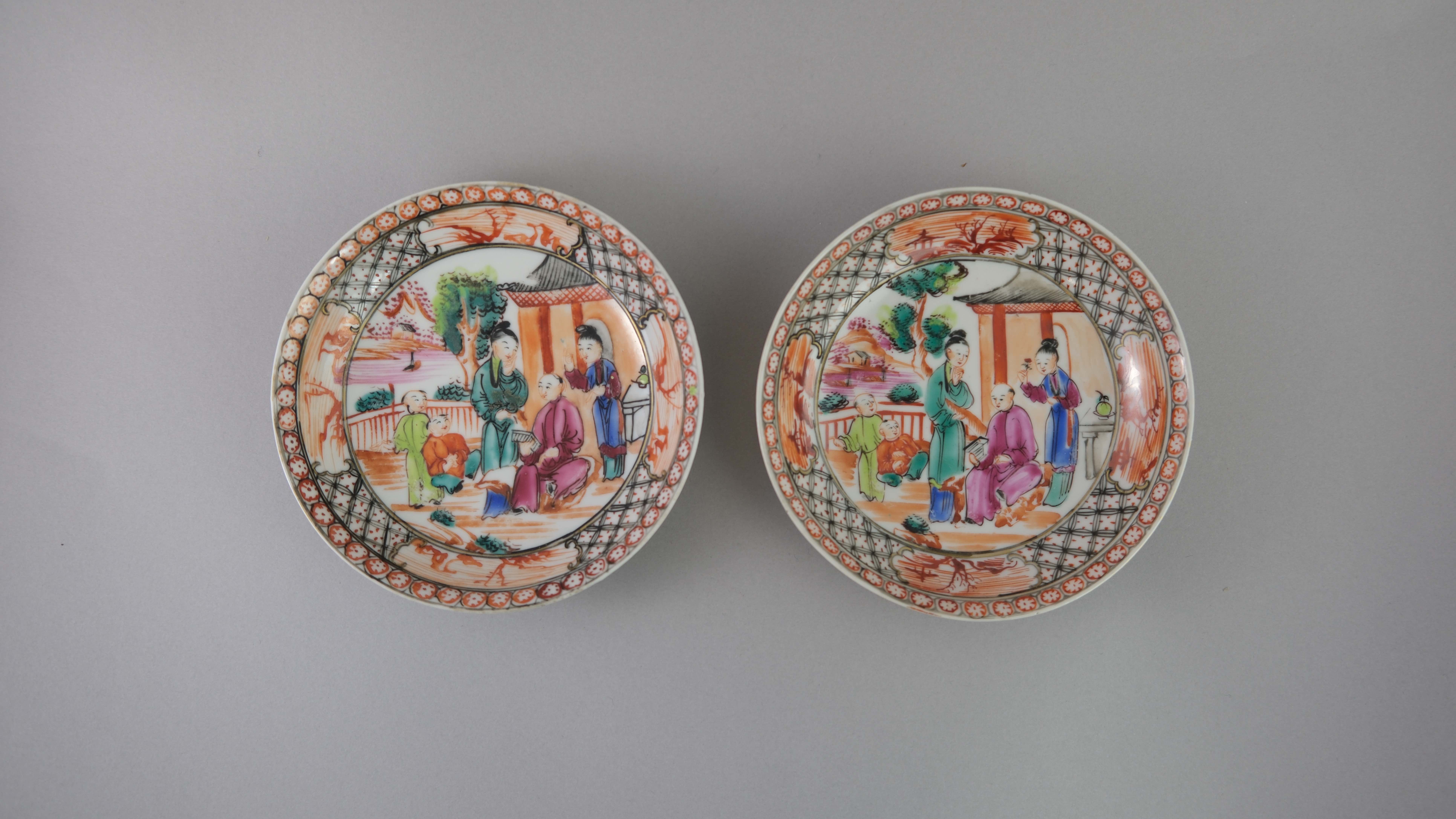 A Set of Six 'Mandarin Palette' Cups and Saucers, Qianlong, with a central family lakeside terrace - Image 14 of 20