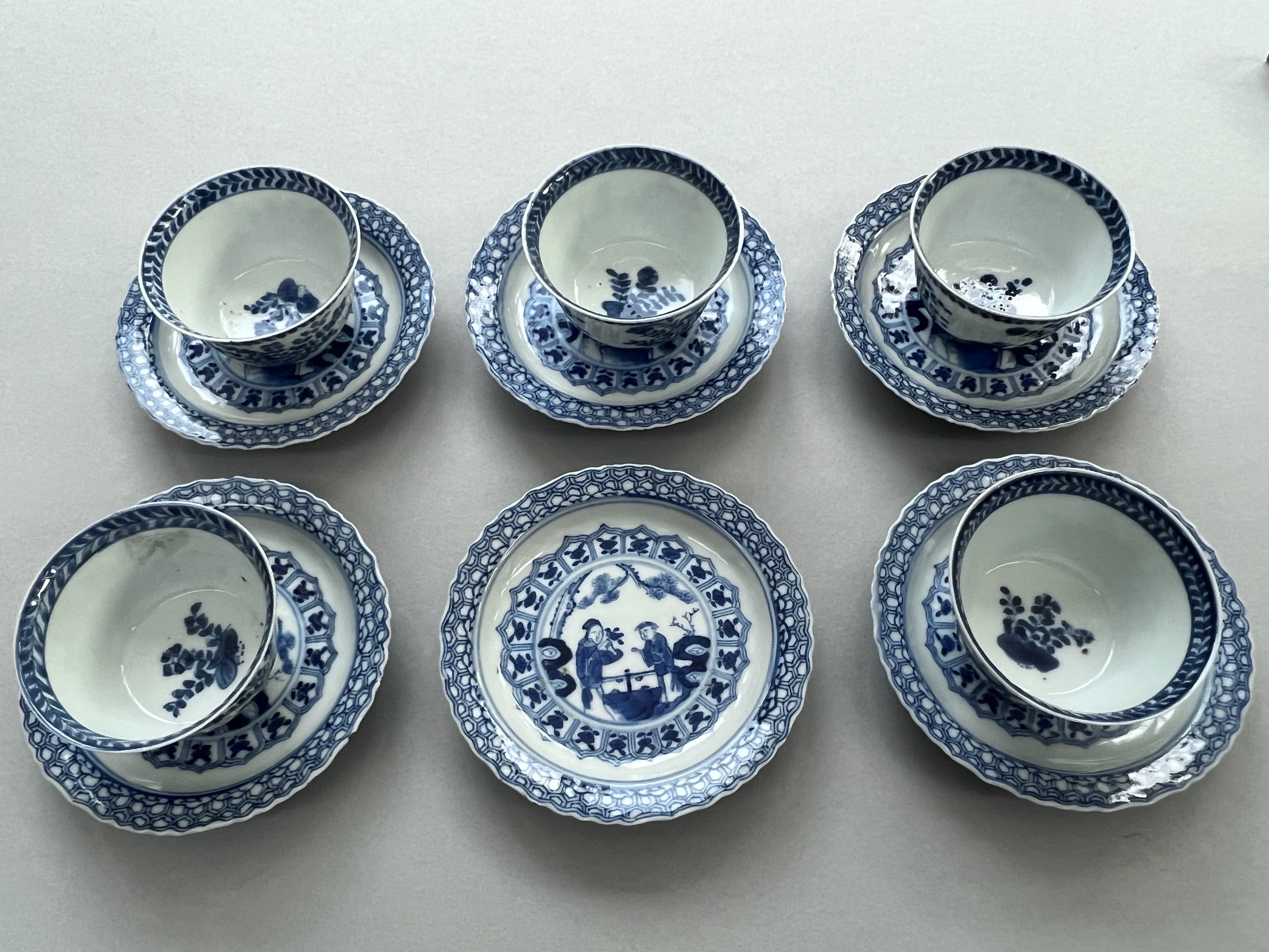 Five blue and white cups and saucers, 18th/19th century, and another saucers, Five blue and white - Image 2 of 13