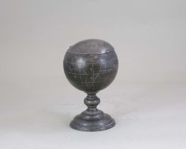 A Pewter Globe Shaped Teacaddy and Cover, 19th century, standing o a domed foot and knopped stem,