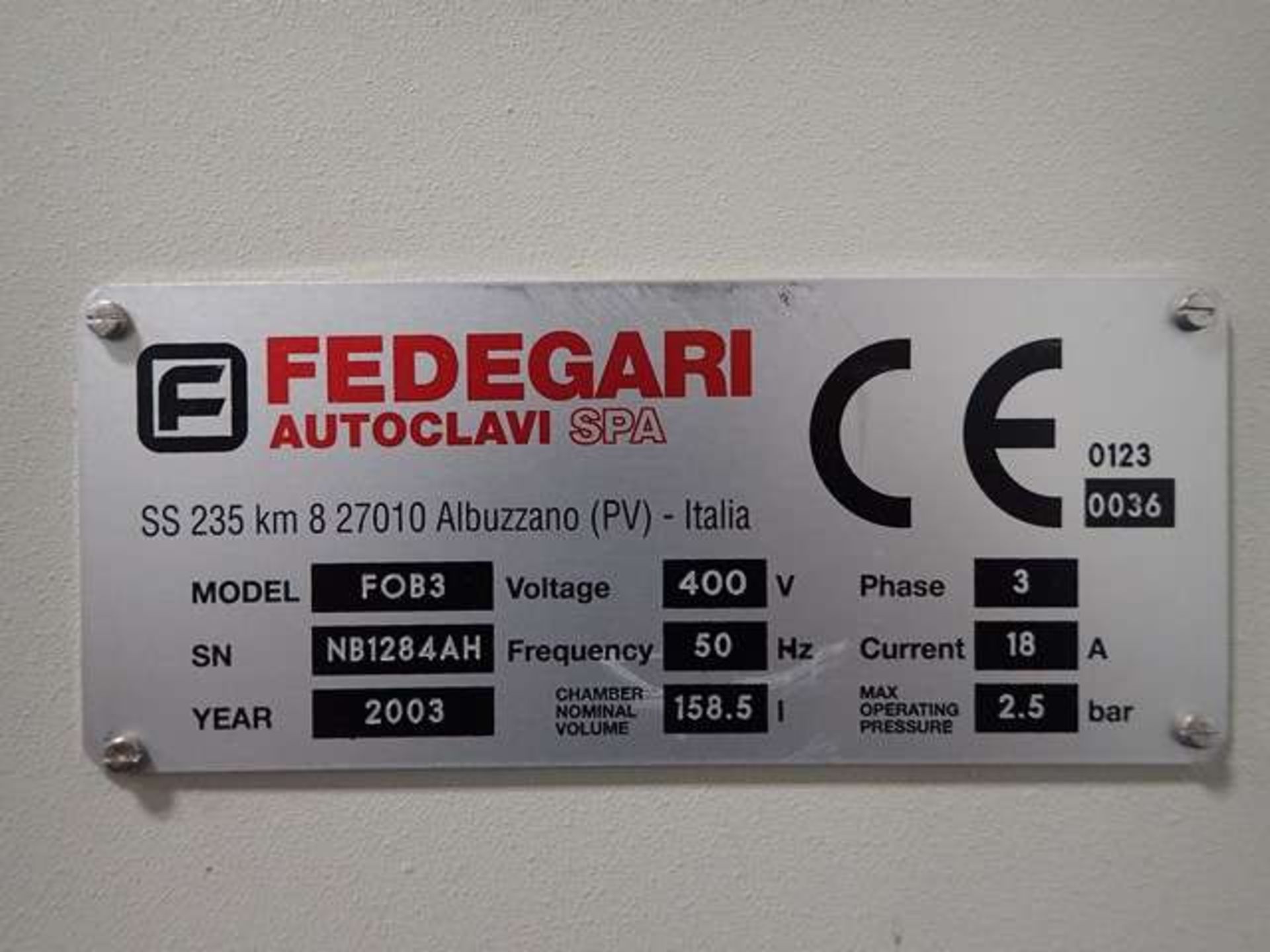 FEDEGARI MODEL FOB3 POLISHED S/S AUTOCLAVE - Image 11 of 12