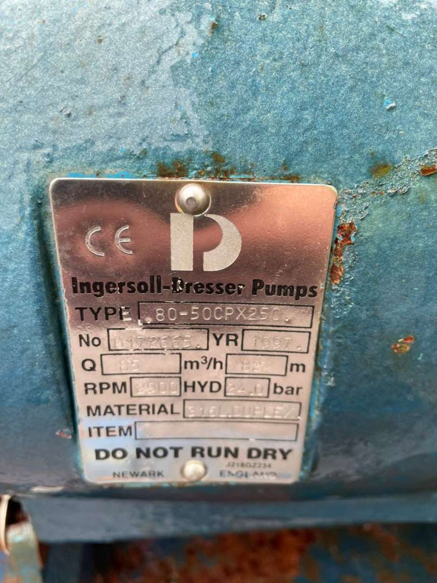 Ingersoll Dresser type 80-50CPX250 316L Duplex stainless steel centrifugal pump - Image 3 of 5