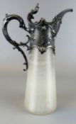 Glaskaraffe mit Zinnmontierung, -griff, reich verziert, gerilltes Glas, H. ca. 29 cm,