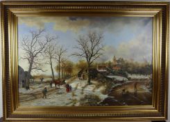 "Winterliches Treiben", Öl/L., ohne Signatur, ca. 60 x 90, gerahmt, ca. 78 x 108 cm,