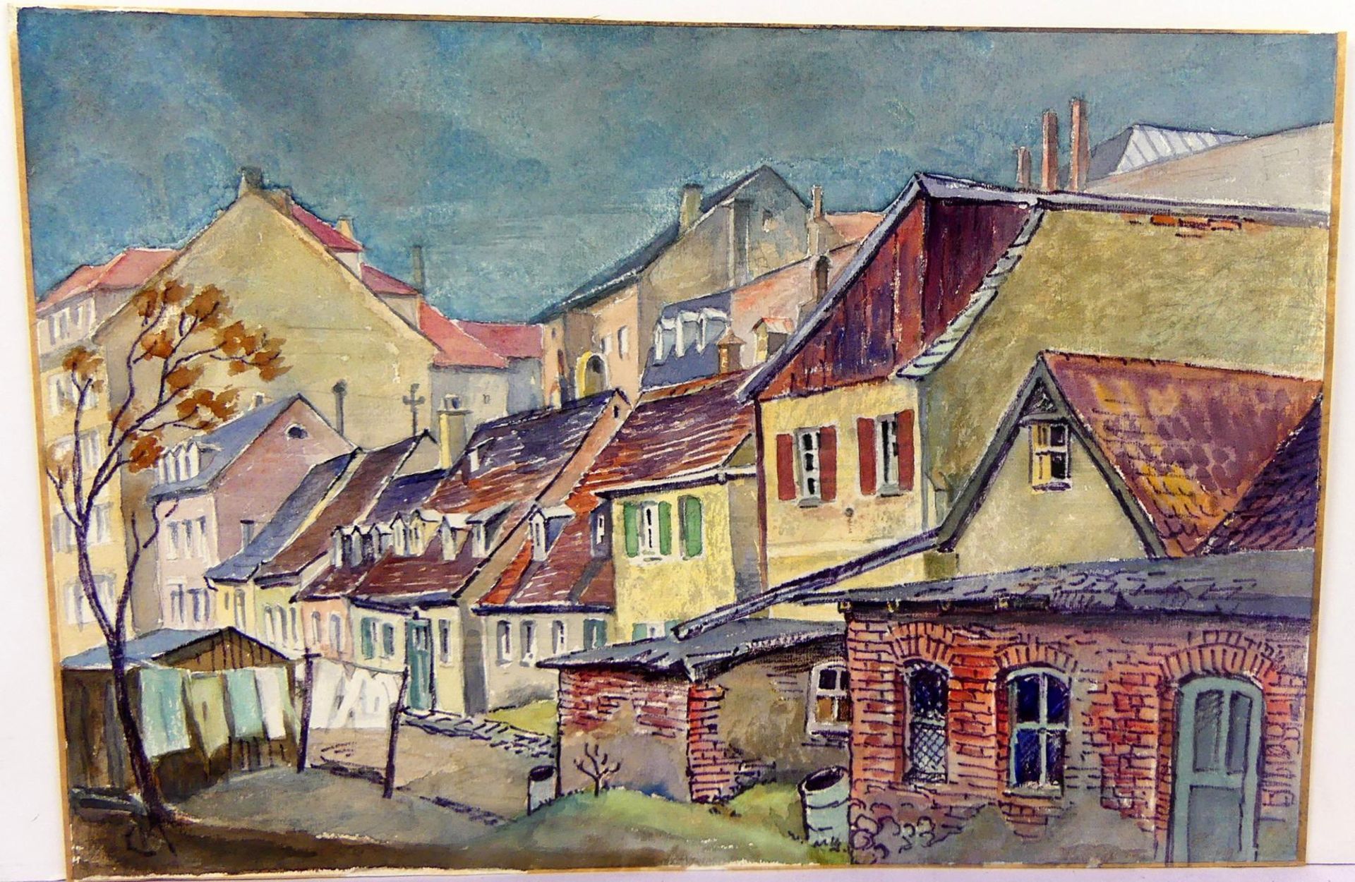 "Blick auf alte Ortschaft", Aquarell, u.li.unles. monogr., Blatt ca. 23 x 35 cm